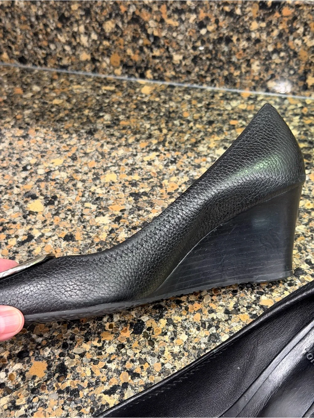 Tory Burch Black Leather Peep-Toe Heels with Silver Logo Medallions 7.5